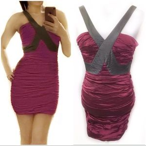 BCBG 0 Wine Bodycon Dress Taffeta Ruched Burgundy Simsom Deep V NWT